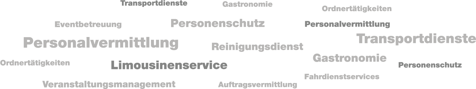 Eventbetreuung, Personenschutz, Personalvermittlung, Reinigungsdienst, Gastronomie, Transportdienste